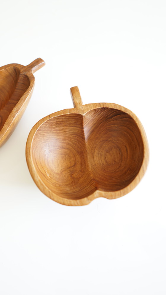 Image 1 of Set of 2 Apple and Pear Wooden Bowls - Handmade Midcentury Vintage - 1970s