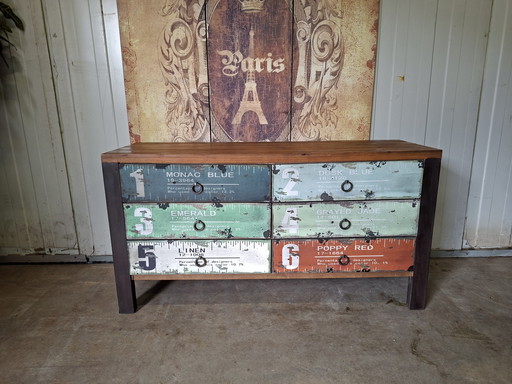 Colorful wooden chest of drawers, dresser, and TV cabinet with an industrial look. Dimensions: 121x40cm and 64cm high.