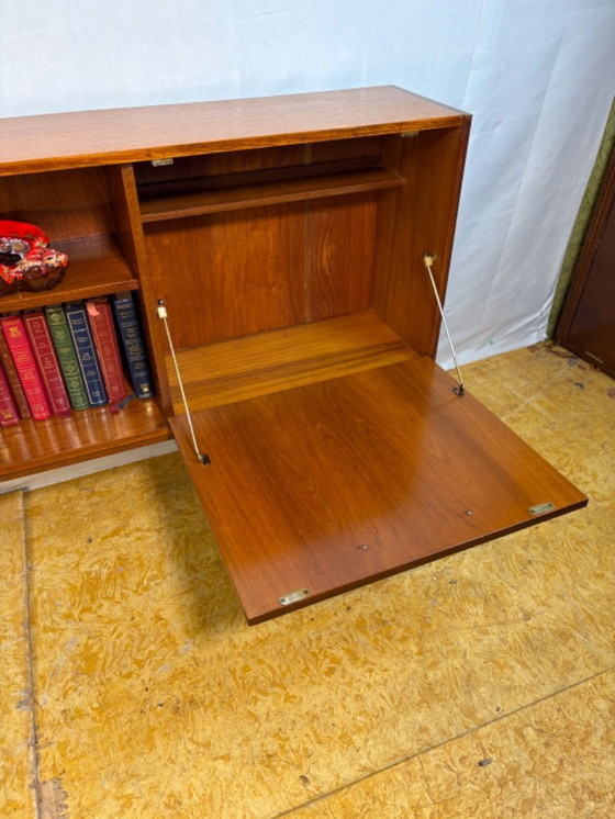 Image 1 of Mid-Century Retro Vintage Teak Slim Sideboard / Bookcase with Cocktail Flap 1960 