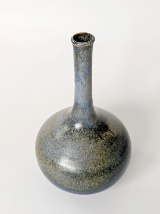 Image 1 of Vintage Seafoam Glaze Ceramic Vase, Balloon Form, Hare’s Fur Style, Midcentury Scandinavian Style