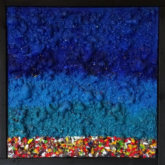 Obra de arte abstracta con textura, azul y multicolor, CB, Pinturas y dibujos, Otro, Madera (foto 2 de 11)