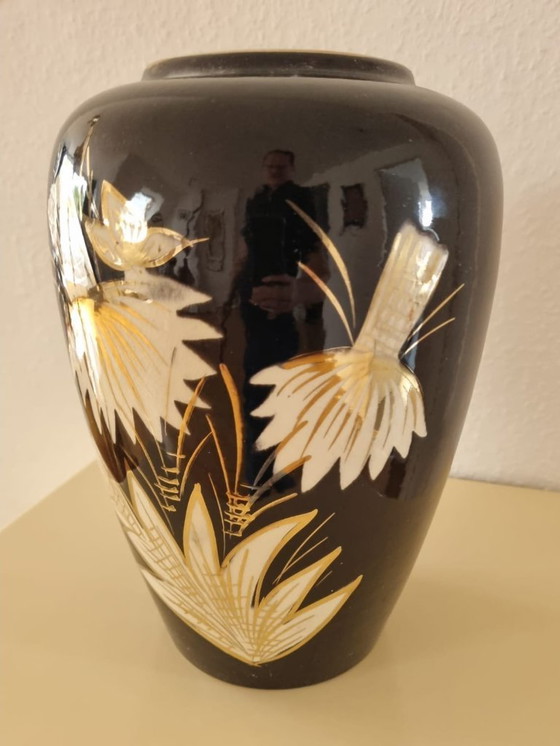 Image 1 of Vaso in ceramica Vintage Bay 236/30 – Nero con decoro in oro – anni '50/'60