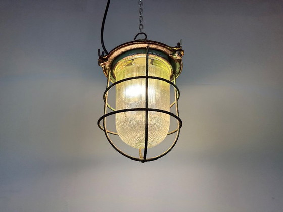 Image 1 of Green Industrial Soviet Bunker Pendant Light with Iron Grid, 1960s