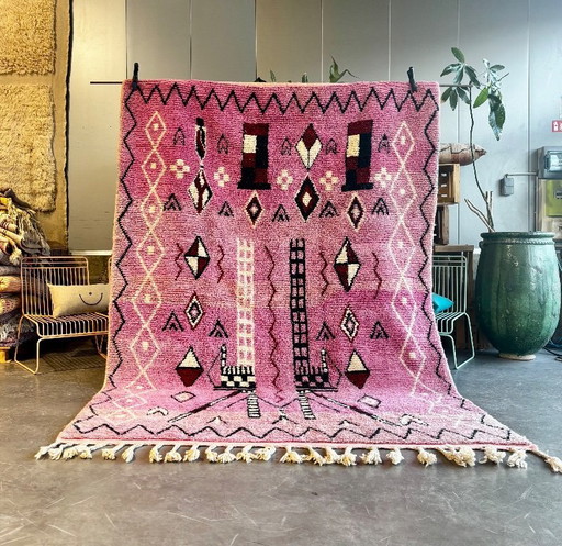 Alfombra marroquí Boujad 310x210 cm – Alfombra decorativa de lana hecha a mano, alfombra bereber rosa,