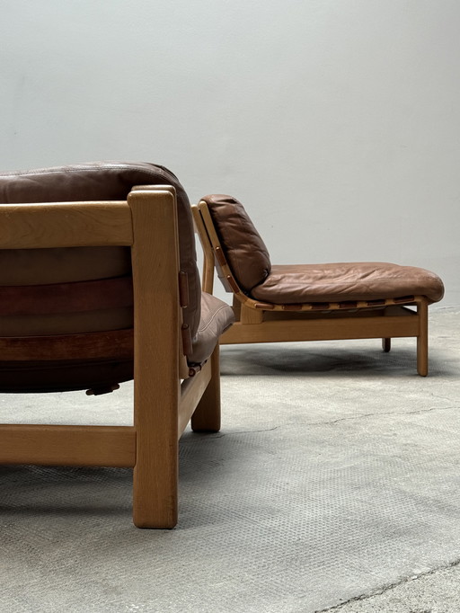 LOUNGE CHAIR LEATHER ESCHE WOOD SCANDINAVIA 1970s