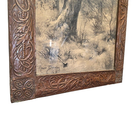 Image 1 of Antique charcoal drawing in a brass frame, ca. 1900