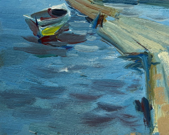 Image 1 of Original Oil Painting Summer River Landscape Fishing on the ferry