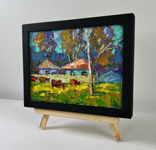 Original Oil Painting Summer Village Landscape The herd returns