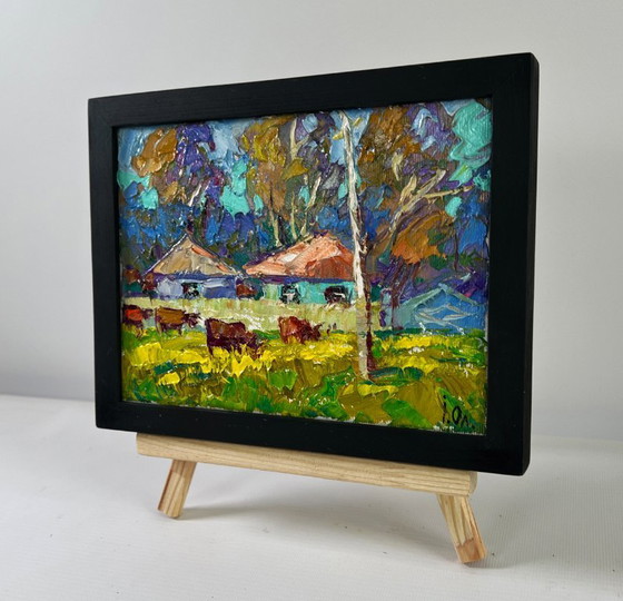 Image 1 of Original Oil Painting Summer Village Landscape The herd returns