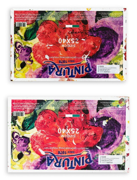 Image 1 of Esclusivo Pendant di Opere del Maestro DE LUTTI, "Colorado" (2024) e "Di rosa" (2021), olio su cartone telato. 