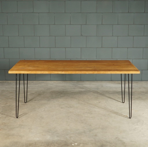 Table de salle à manger vintage - Chêne massif - Pieds en épingle à cheveux