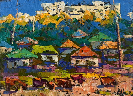 Image 1 of Original Oil Painting Day Village Landscape Spring silence above the pond