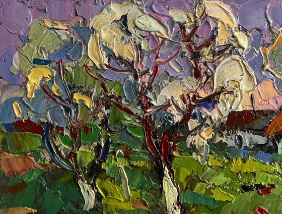Image 1 of Original Oil Painting Day Village Landscape Spring scent of nature
