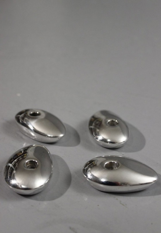 Image 1 of Bougeoirs galets vintage métal argenté design moderniste 1970s