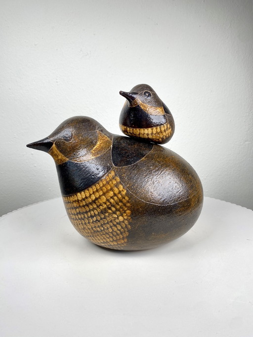 Two Vintage Ceramic Bird Sculptures / Mother & Baby Bird Figurines by Irene Maas - Rustic Scandinavian Style Pottery Home Decor