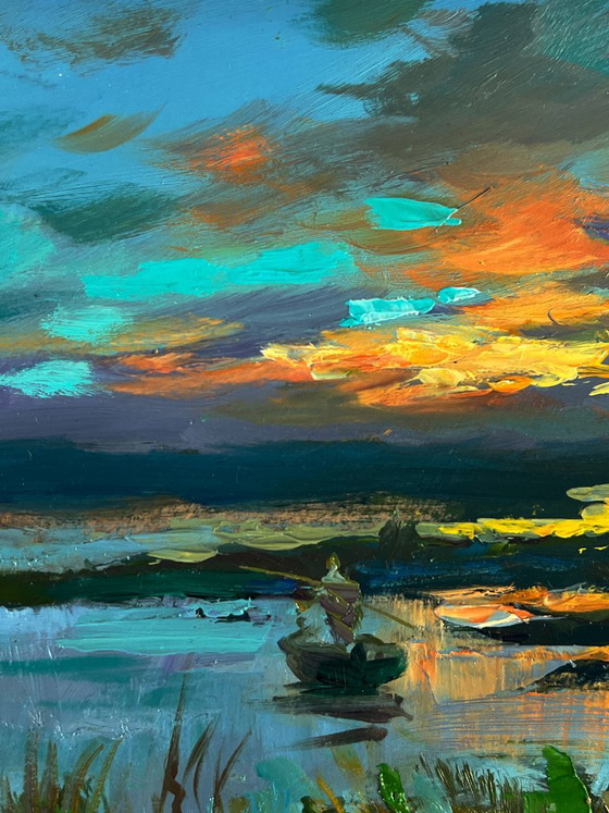 Impressionistisches Landschafts-Ölgemälde mit Boot und Sonnenuntergangsfischen, Gemälde & Zeichnungen, Holz (Foto 6 von 11)