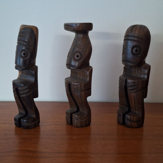 Set van 3 vintage houten Taíno / Tiki beeldjes, Beeldhouwkunst, Bruin (foto 2 van 5)