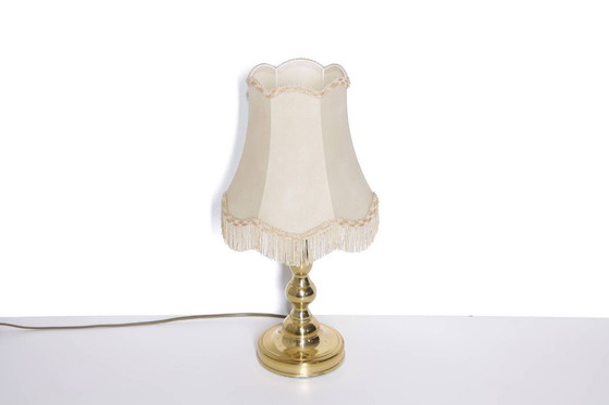 Image 1 of Tafellamp messing kunstleer stof randen franjes 43cm 80s vintage