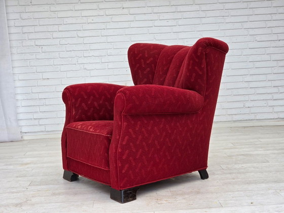 Image 1 of Fauteuil relax danois des années 1950, laine rouge pour meubles, bois de chêne.