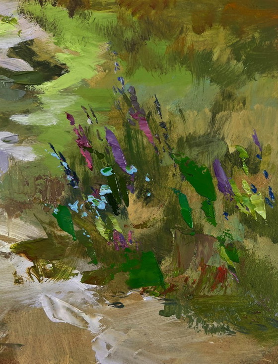 Image 1 of Original Oil Painting Summer Village Landscape Morning With Cows In Rustic
