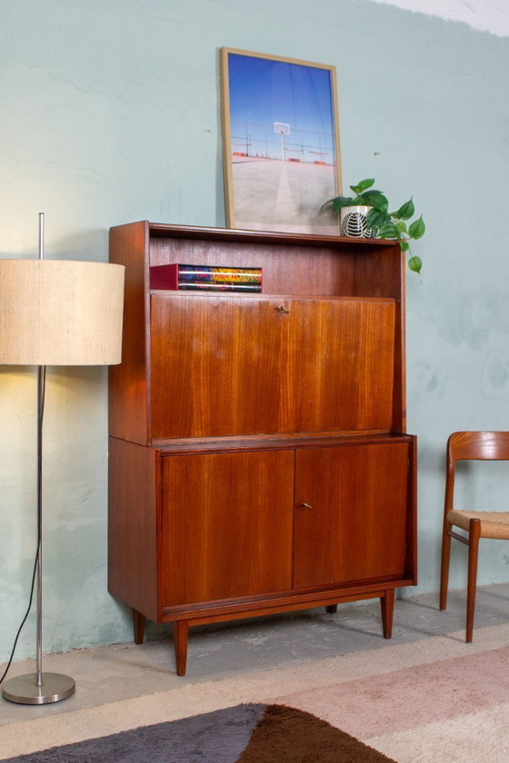Image 1 of Vintage teakhouten secretaire, hoge kast, dressoir, dressoir, midden 20e eeuw