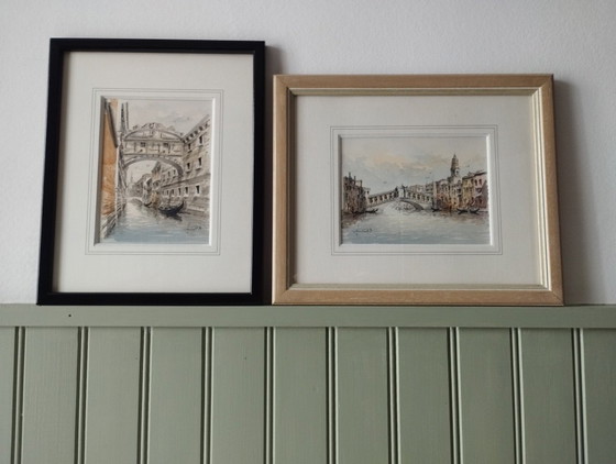 Image 1 of The Bridge of Sighs, Venice - Watercolor drawing dated 1990, signed and framed