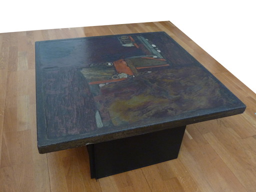 Table basse carrée brutaliste sur pied en métal noir par Paul Kingma