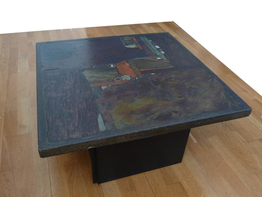 Table basse carrée brutaliste sur pied en métal noir par Paul Kingma