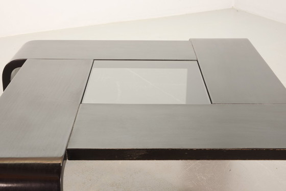 Image 1 of Vierkante Ake Fribyter Stijl Zwart Gelakt Multiplex Salontafel met Rookglas Paneel, 1970.