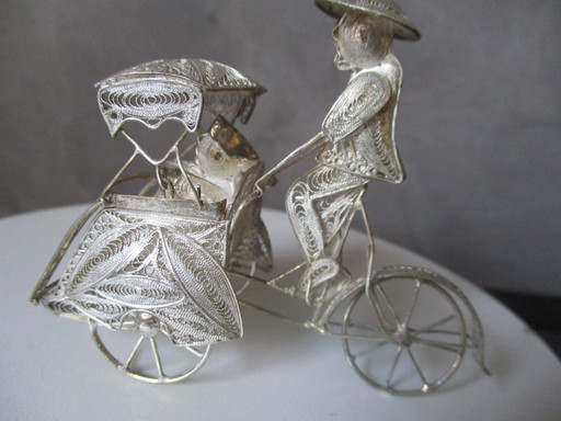 Argent (925) Filigrane Rickshaw Homme sur bicyclette avec passager