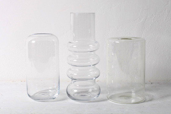 Image 1 of Set of 3 Small Clear Glass Designer Vases / Sweden / 2000s