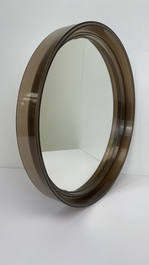 Specchio da parete rotondo in plexiglass marrone stile Space Age francese vintage 