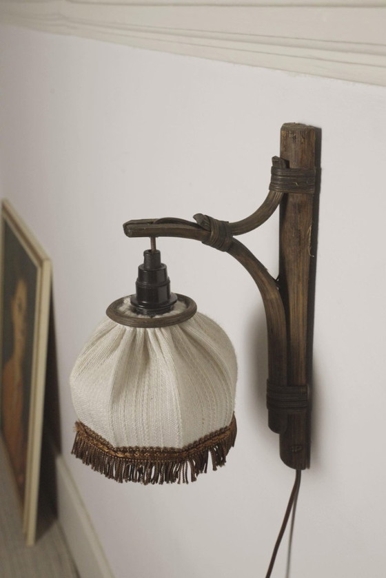 Dutch Vintage Bamboo Wall Sconce with Brown Fringed Fabric Shade – Wall lights, Textile (photo 4 of 10)