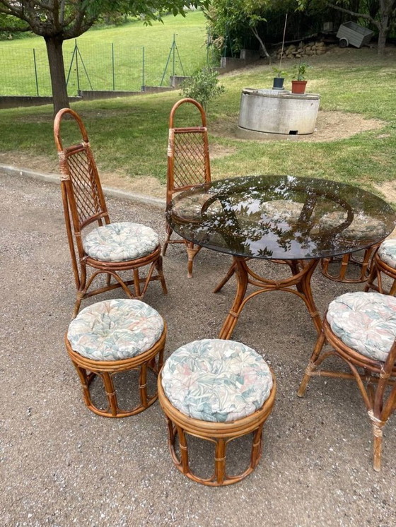 Image 1 of Set da pranzo vintage in rattan e vimini con tavolo in vetro, 4 sedie e 4 sgabelli