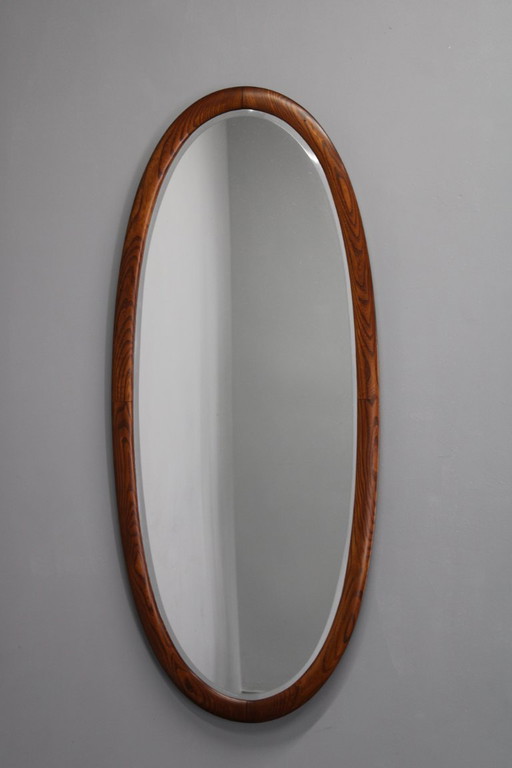 1940s Czechoslovakian Oval Wall Mirror, Oak Veneer and Pine Frame