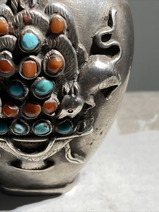 Image 1 of Antique kohl bottle, partially made of silver, inlaid with turquoise and coral