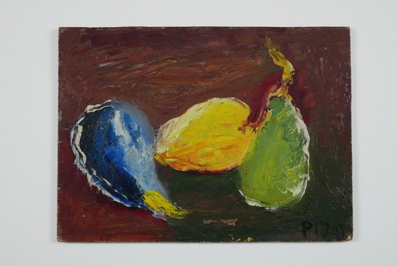 Image 1 of Still life with three fruits. Oil painting on panel.