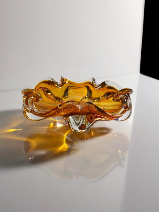 Murano bowl, glass ashtray, amber orange, summer, wavy, Italy, 1970s, Venice