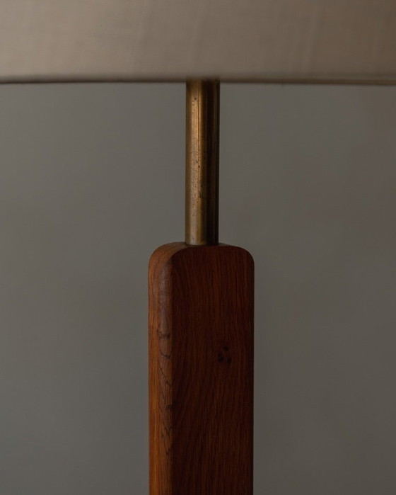 Image 1 of Lampada da terra vintage in legno di Bony Design | Paralume in tessuto | Design olandese | Anni '70-'80