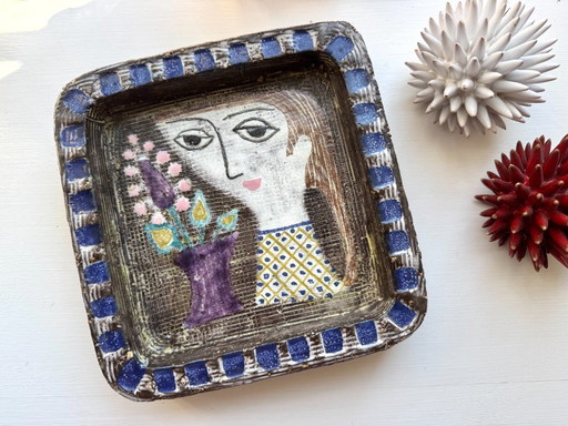 Mari Simmulson Bowl Upsala Ekeby Sweden, Ceramic, Chamotte, Eclectic, Face Illustration, Art Pottery, Vintage Handmade 1960S