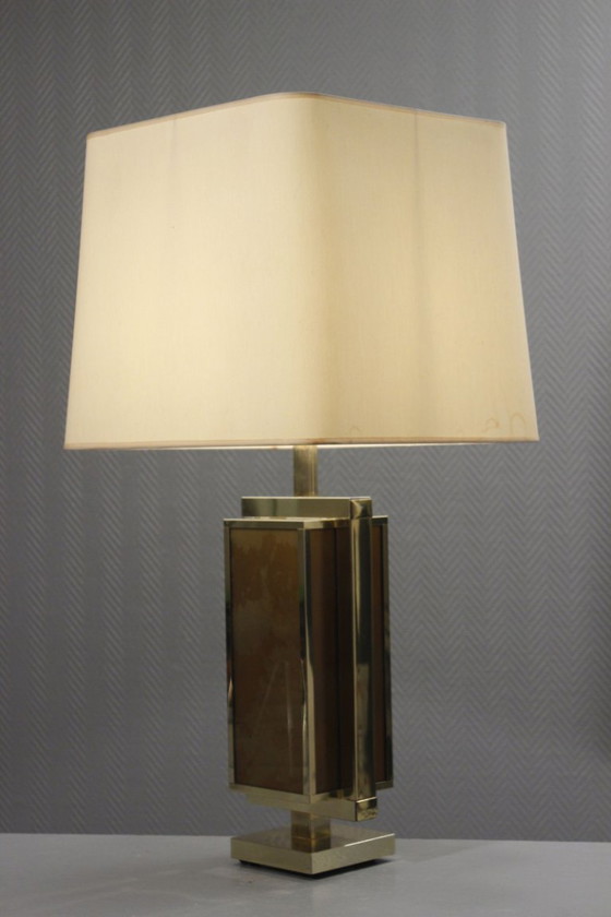 Image 1 of Philippe Cheverny - Grote messing lampvoet met omgekeerd beschilderd glas, Frankrijk, jaren 70