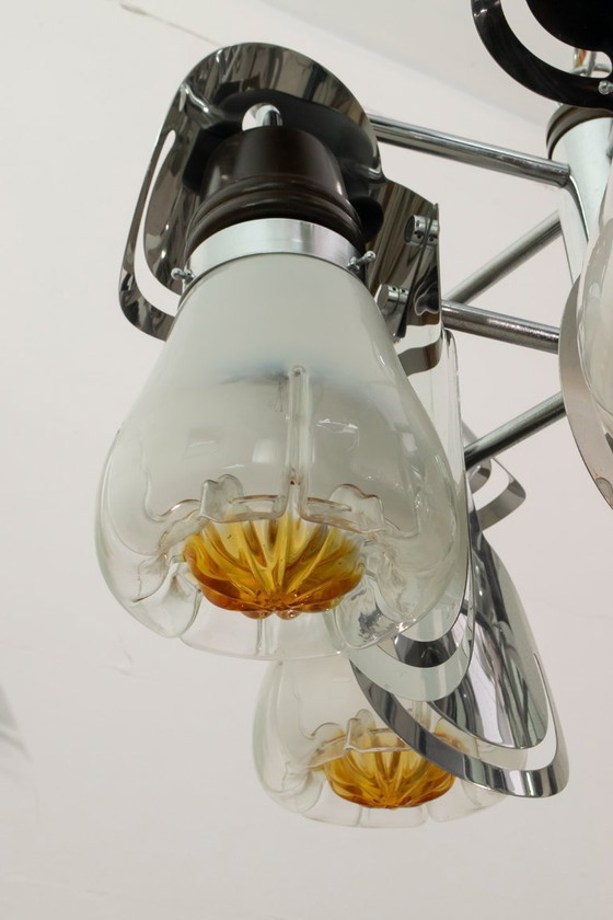 Image 1 of Araña italiana de cristal de Murano y acero Mazzega, mediados del siglo XX, años 70