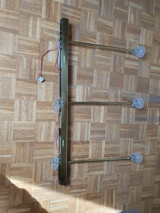 Postmoderne vintage 3-lichts design hanglamp van messing en matglas – 98 cm – Plafondlampen (photo 6 of 9)