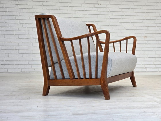 Image 1 of 1950s, Scandinavian 2-seater sofa, reupholstered, furniture wool, oak.