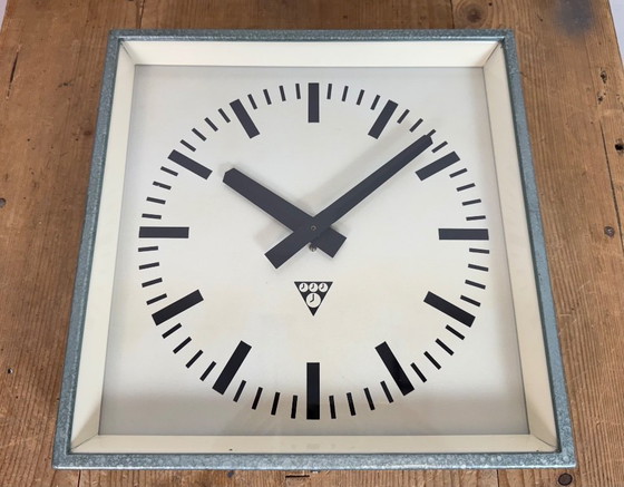 Image 1 of Green Industrial Square Wall Clock from Pragotron, 1970s