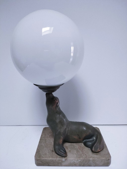 Art Deco sea lion lamp, marble, opaline metal