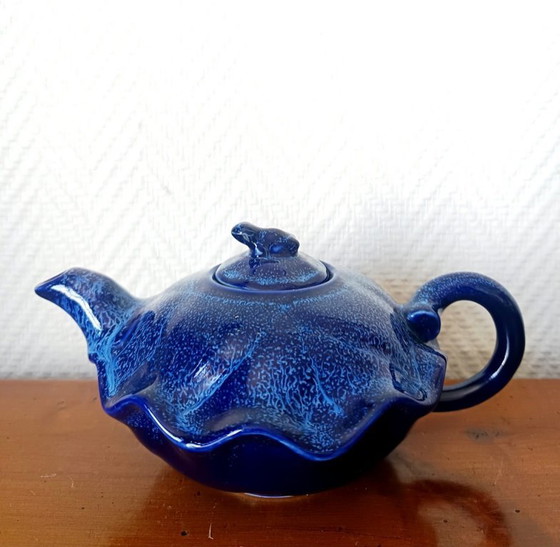 Image 1 of Art Deco blue ceramic teapot with frog