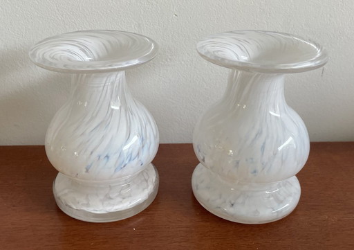 Guldkrokens Glashytta HJO - Two hand-blown white glass candlesticks