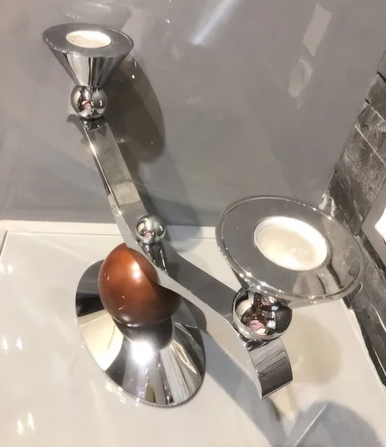 Image 1 of Art Deco Memphis Doppelter Kerzenständer aus Silbermetall und Holz