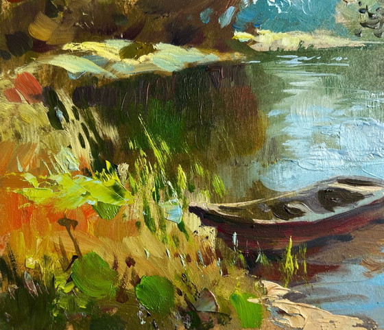 Image 1 of Original Oil Painting Summer River Landscape Boat in green reflections